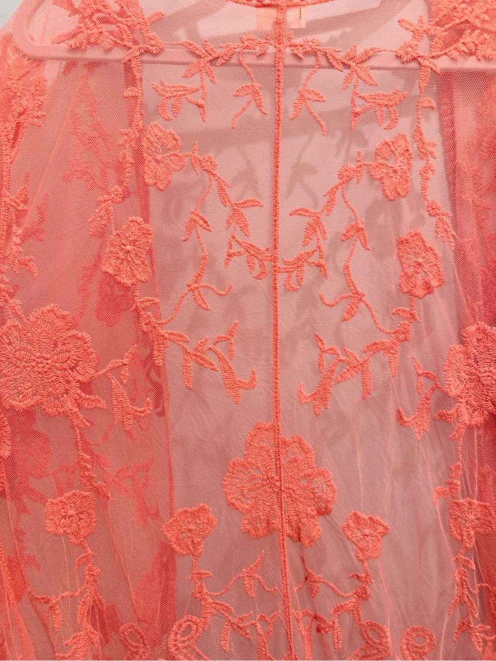 Dizzy Gal Coral Pink Floral Lace Sheer Mesh Long Kimono Duster Cardigan Medium - Picture 10 of 14